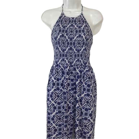 Patrons Of Peace Boho Blue White Floral Smocked Halter Jumpsuit Size XS … - Picture 3 of 7